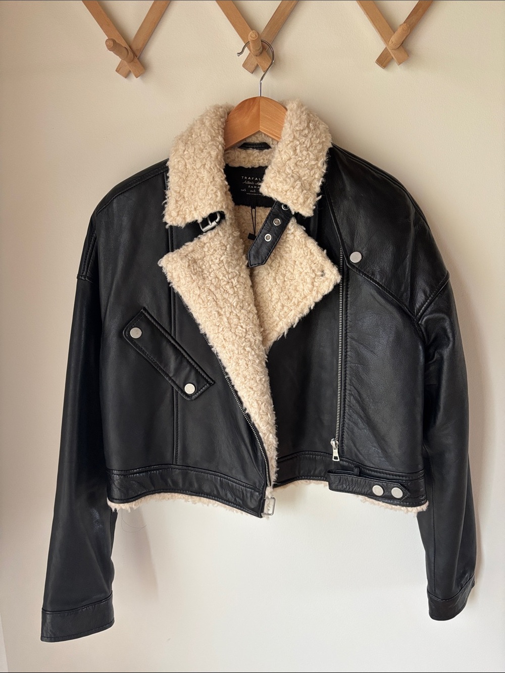 Zara Black Genuine Leather Shearling Moto Jacket